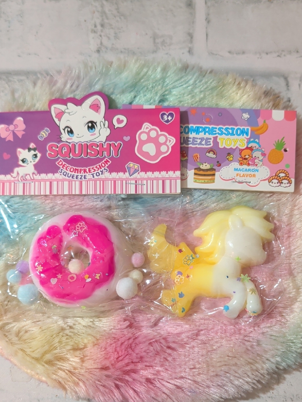 Squishy Decompression Squeeze Toys - Pink Donut & Yellow Unicorn Bundle of 2